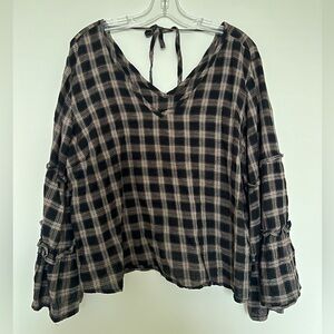 Free People Black and Cream Plaid Blouse